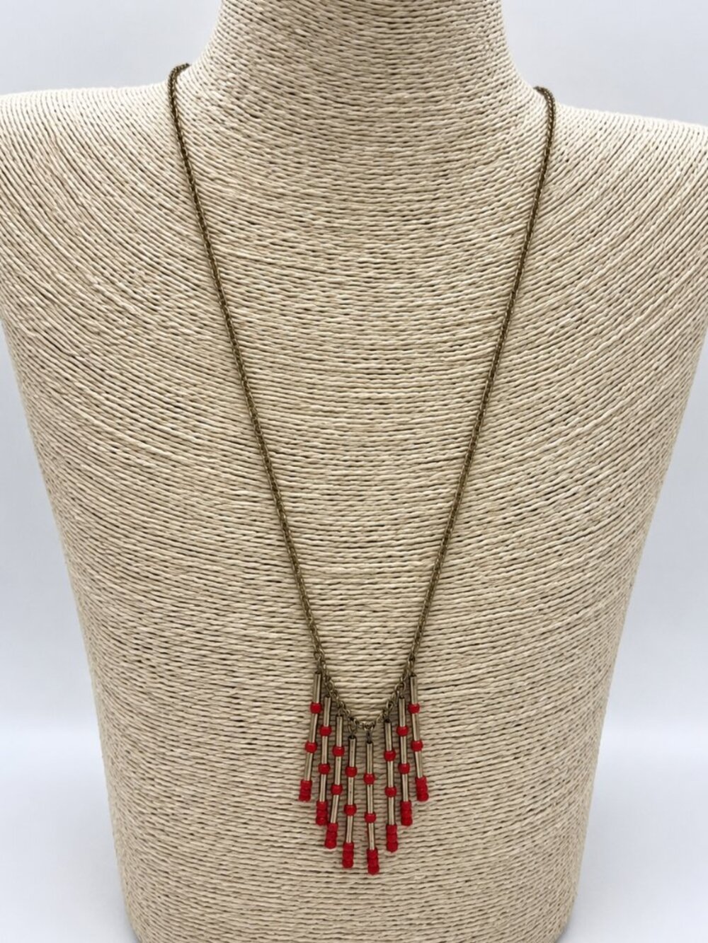 1937 Red Fringe Dangle Necklace Vintage Art Deco Style Statement Piece